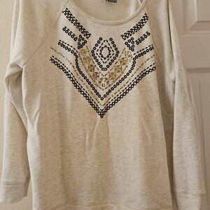 Beige soft Comfy sweater black gold embellishments XL